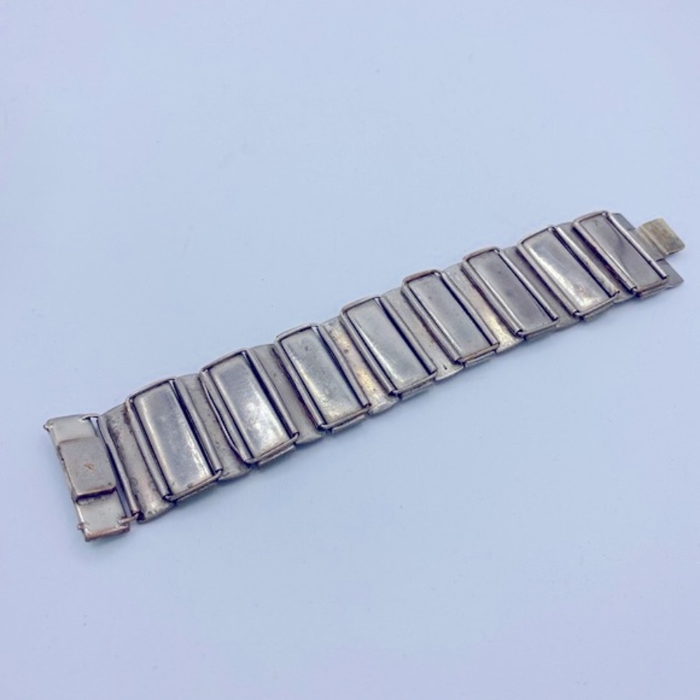 Vintage Art Deco Geometric Shape Silver And Green Glass Stones Linked Bracelet - Picture 3 of 7